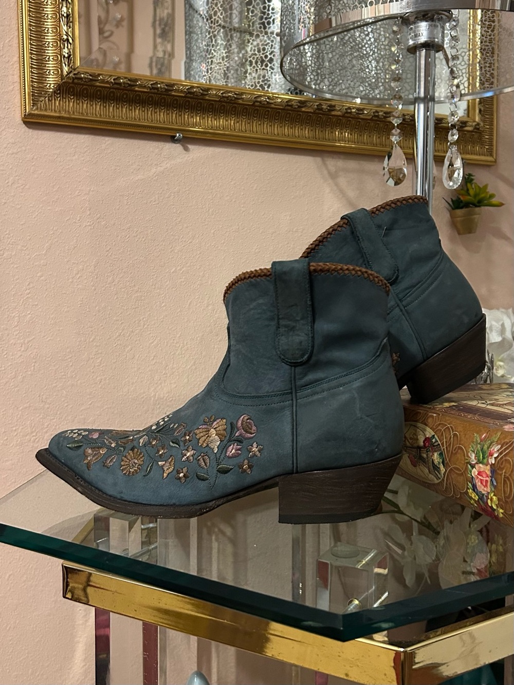 Western Teal Floral Embroidered Cowgirl Ankle Boots Size 11